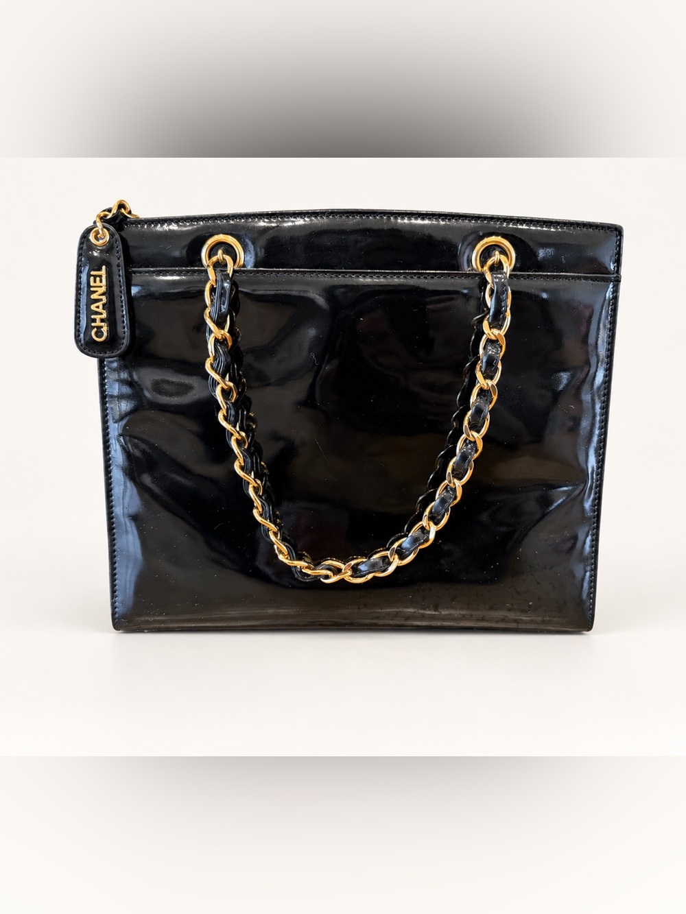 Auth Certified Vintage CHANEL Black Patent Leather Gold Chain Tote Bag 1997–1999